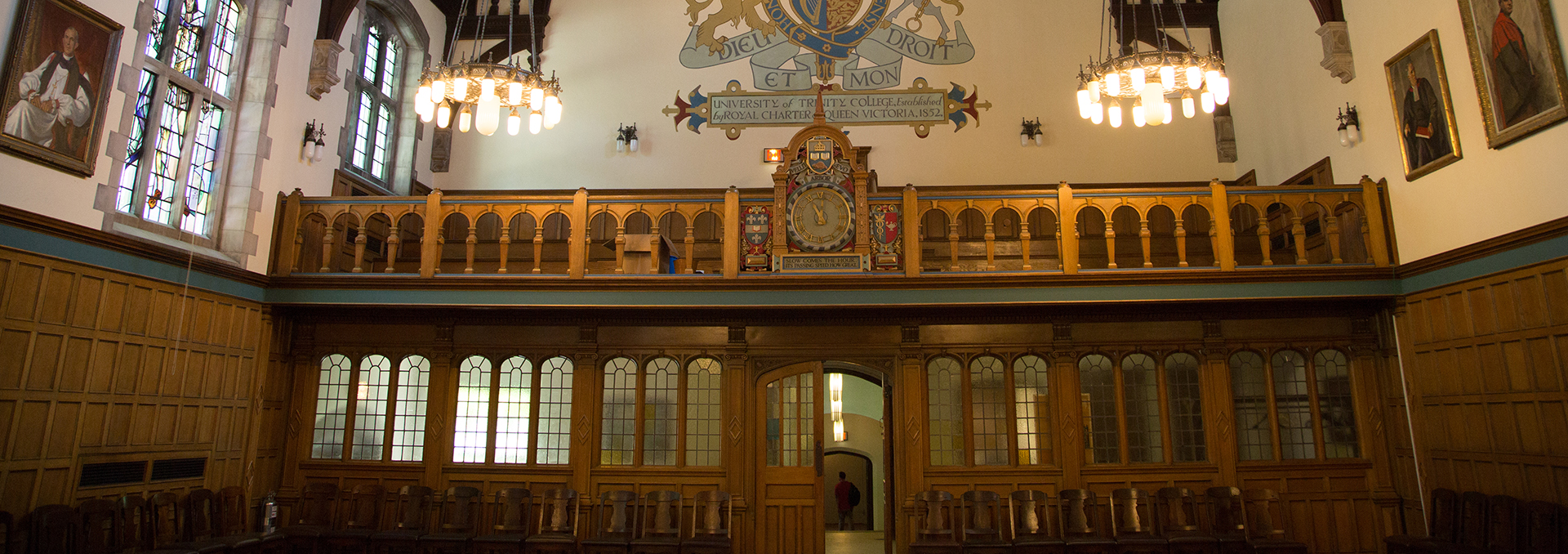 View of the balcony and clock in Strachan Hall